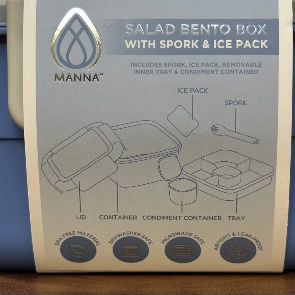 NWT- Manna Blue Salad Bento Box with Spork & Ice Pack 45.7 Oz Air Tight